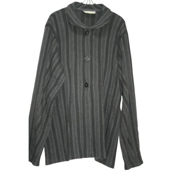 Su-Zen Sweaters - Su-Zen Wool Blend Cardigan Sweater Women L Black Gray Stripe Made in USA Artisan